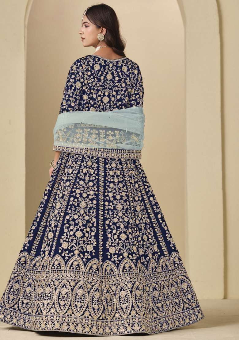Blue Embroidered Velvet Anarkali Set - Indya