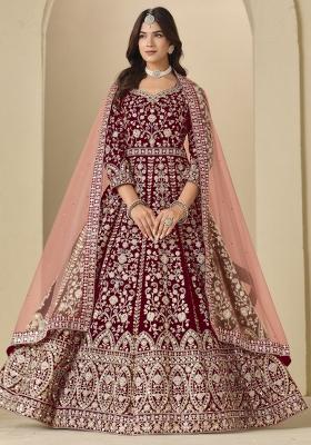 Maroon Embroidered Velvet Anarkali Set