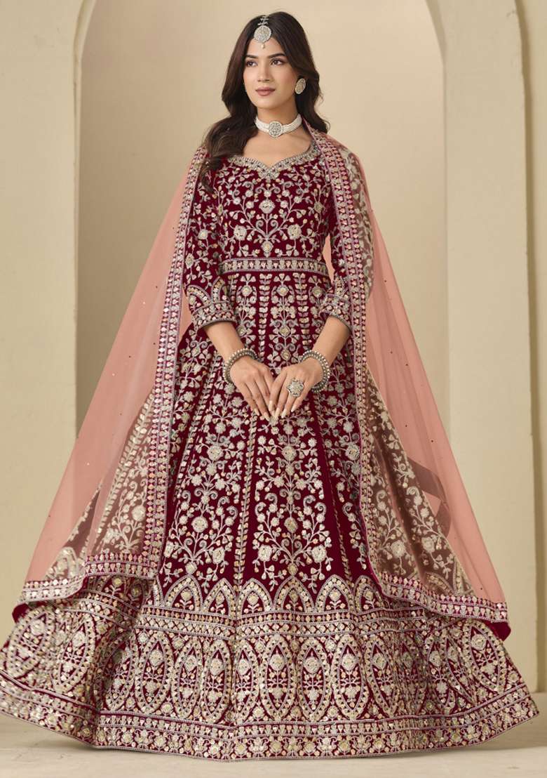 Maroon Embroidered Velvet Anarkali Set - Indya