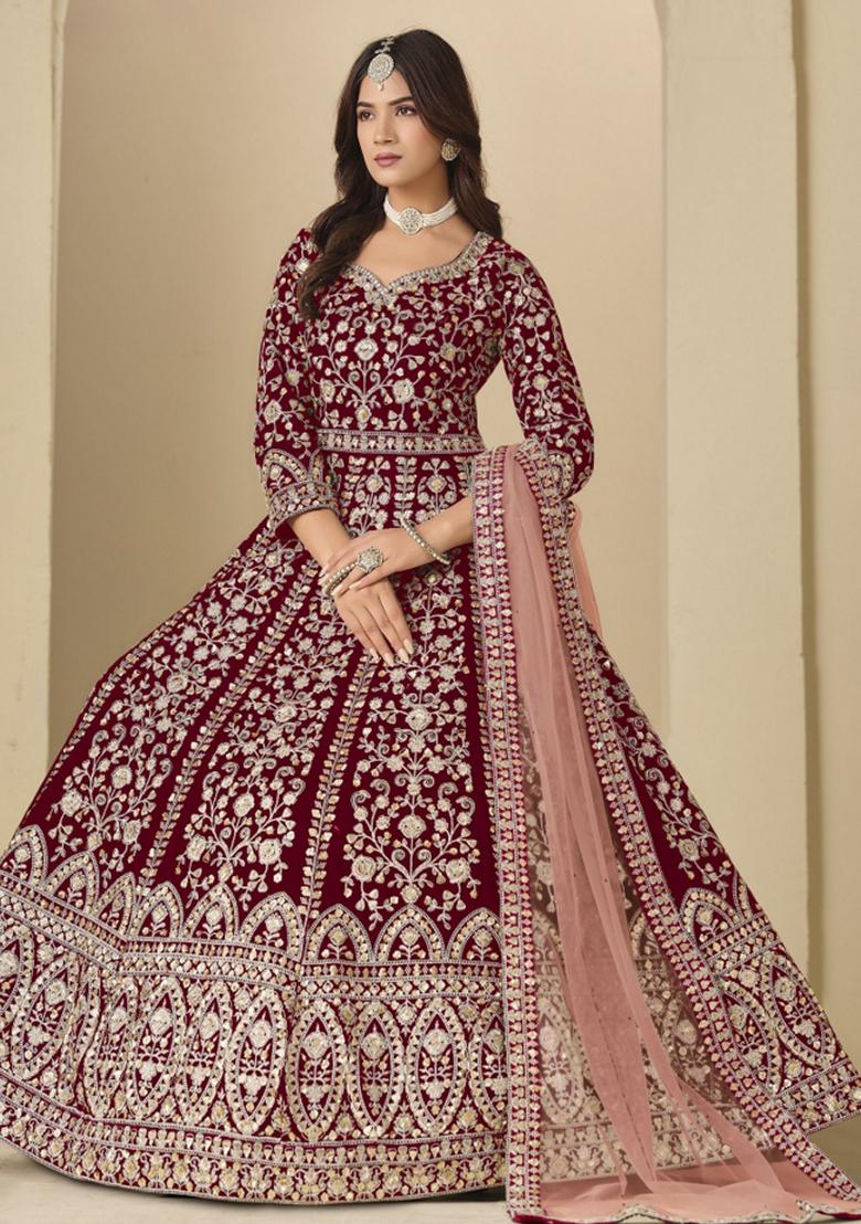 Maroon Embroidered Velvet Anarkali Set - Indya