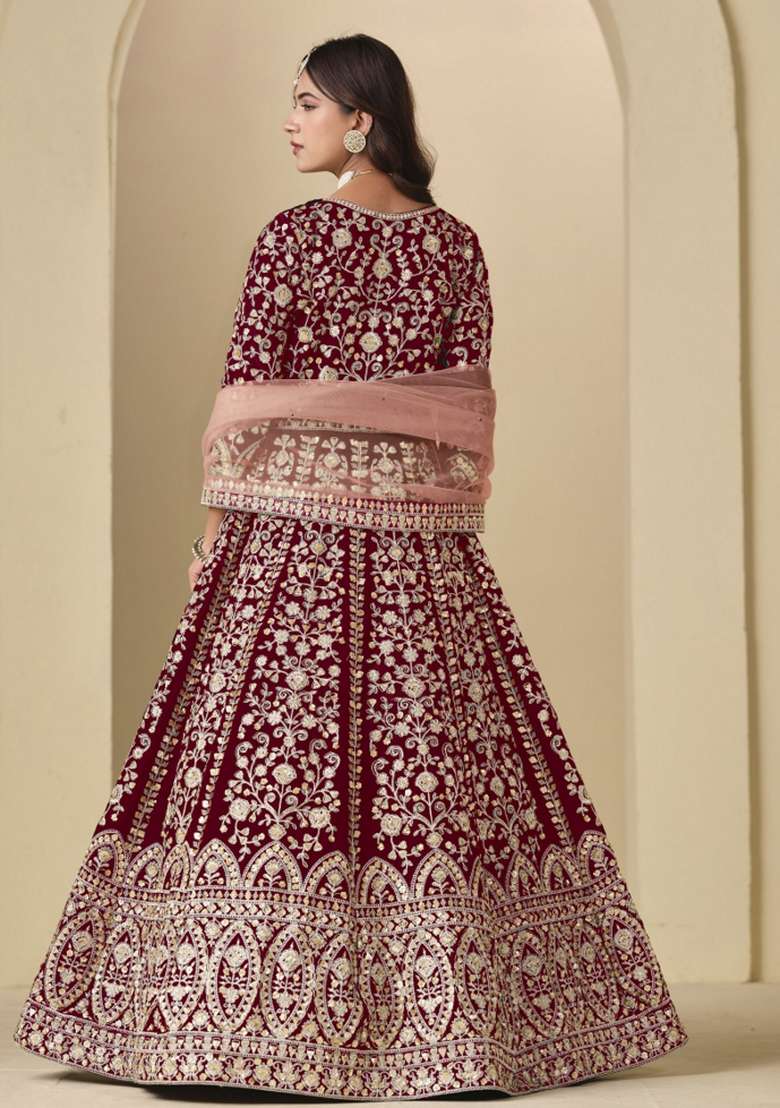 Maroon Embroidered Velvet Anarkali Set - Indya