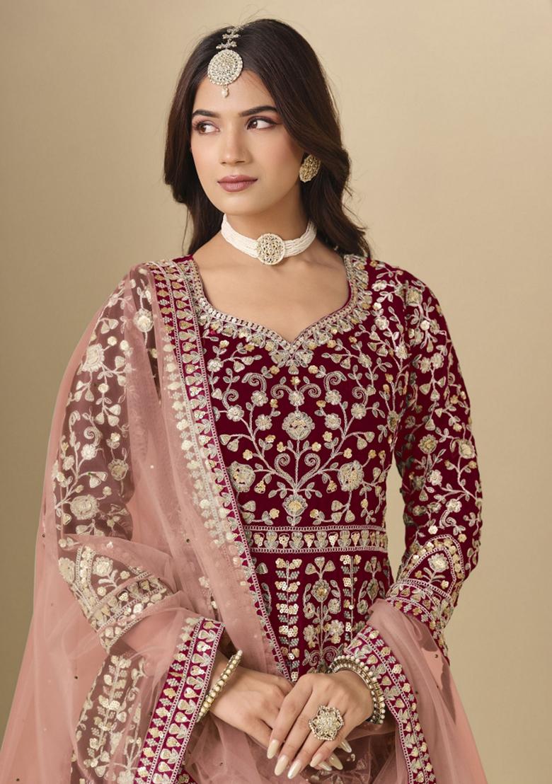 Maroon Embroidered Velvet Anarkali Set - Indya