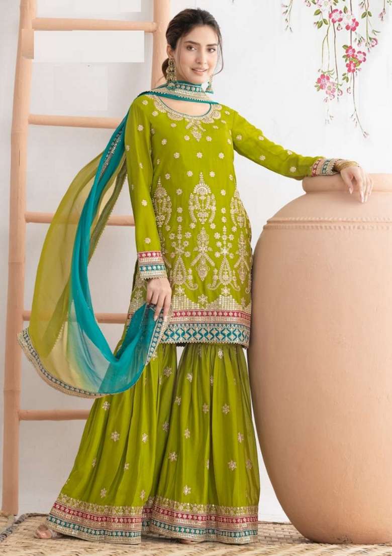 Green Embroidered Tissue Sharara Set - Indya