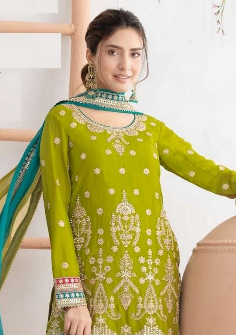 Green Embroidered Tissue Sharara Set - Indya