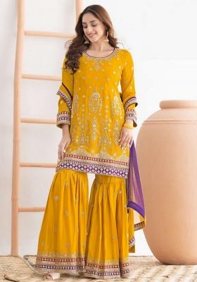 Yellow Embroidered Tissue Sharara Set