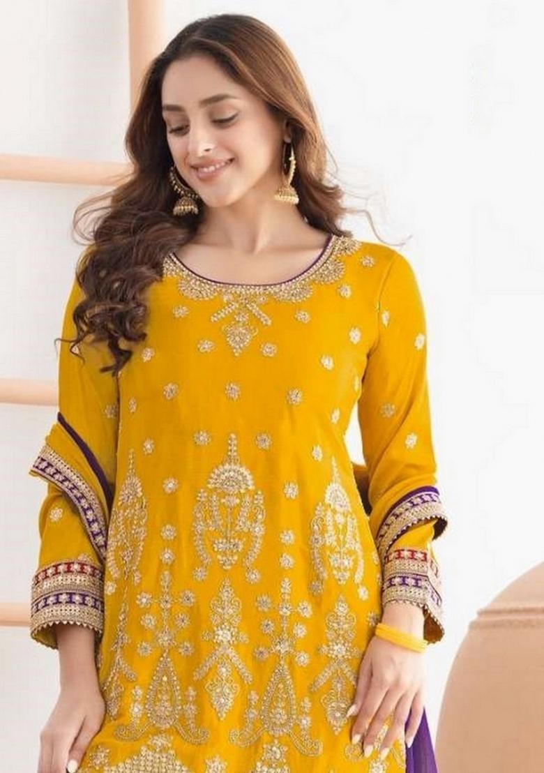 Yellow Embroidered Tissue Sharara Set - Indya
