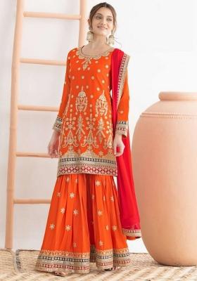 Orange Embroidered Tissue Sharara Set
