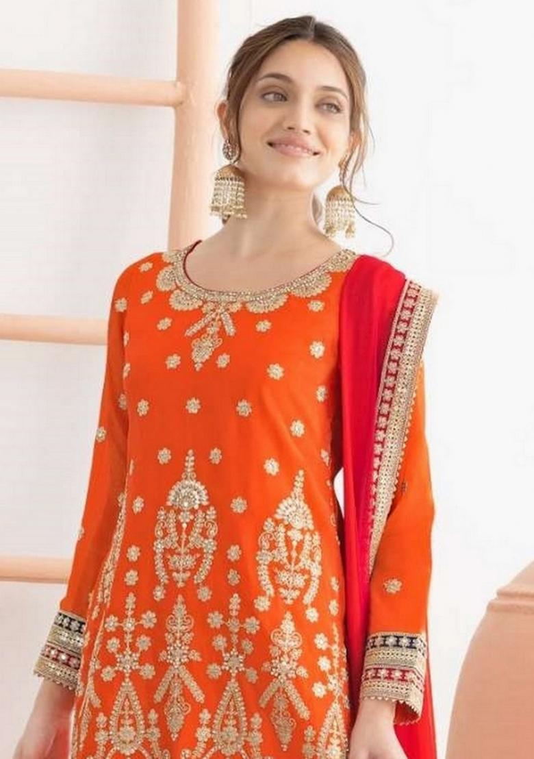 Orange Embroidered Tissue Sharara Set - Indya