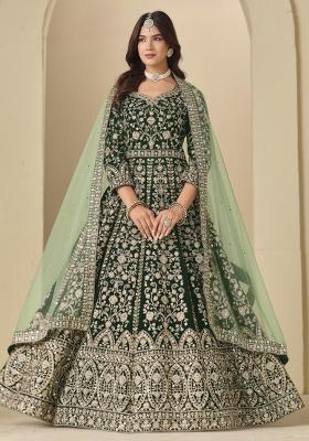 Dark Green Embroidered Velvet Anarkali Set