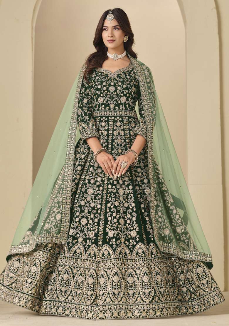 Dark Green Embroidered Velvet Anarkali Set - Indya