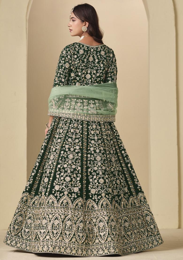 Dark Green Embroidered Velvet Anarkali Set - Indya