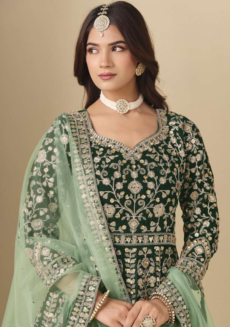 Dark Green Embroidered Velvet Anarkali Set - Indya