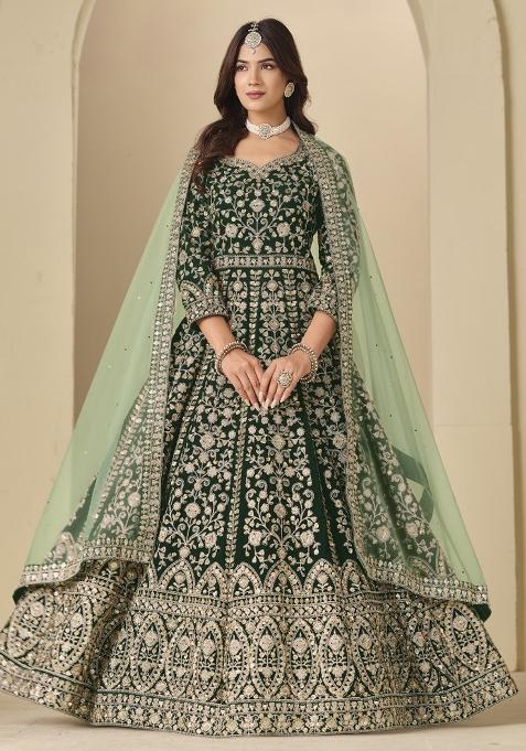 Dark Green Embroidered Velvet Anarkali Set