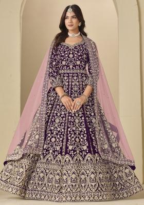 Purple Embroidered Velvet Anarkali Set