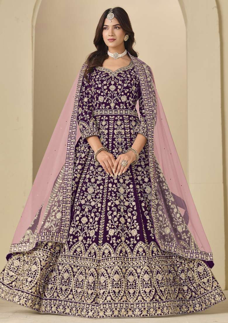Purple Embroidered Velvet Anarkali Set - Indya