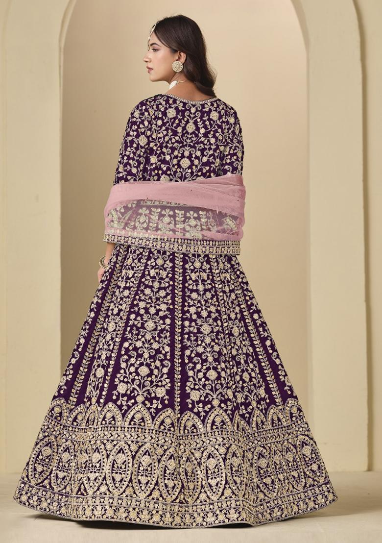 Purple Embroidered Velvet Anarkali Set - Indya