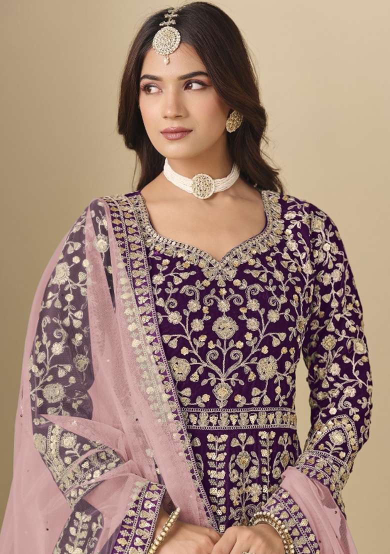 Purple Embroidered Velvet Anarkali Set - Indya