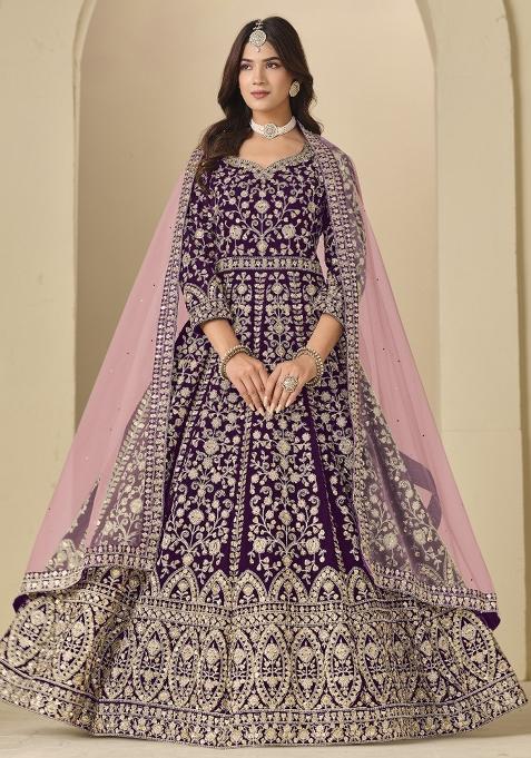 Purple Embroidered Velvet Anarkali Set