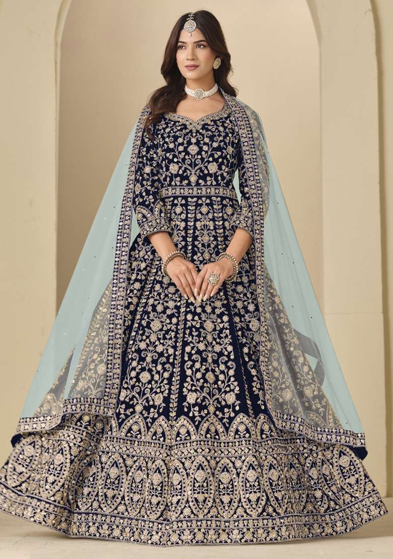 Navy Blue Embroidered Velvet Anarkali Set - Indya
