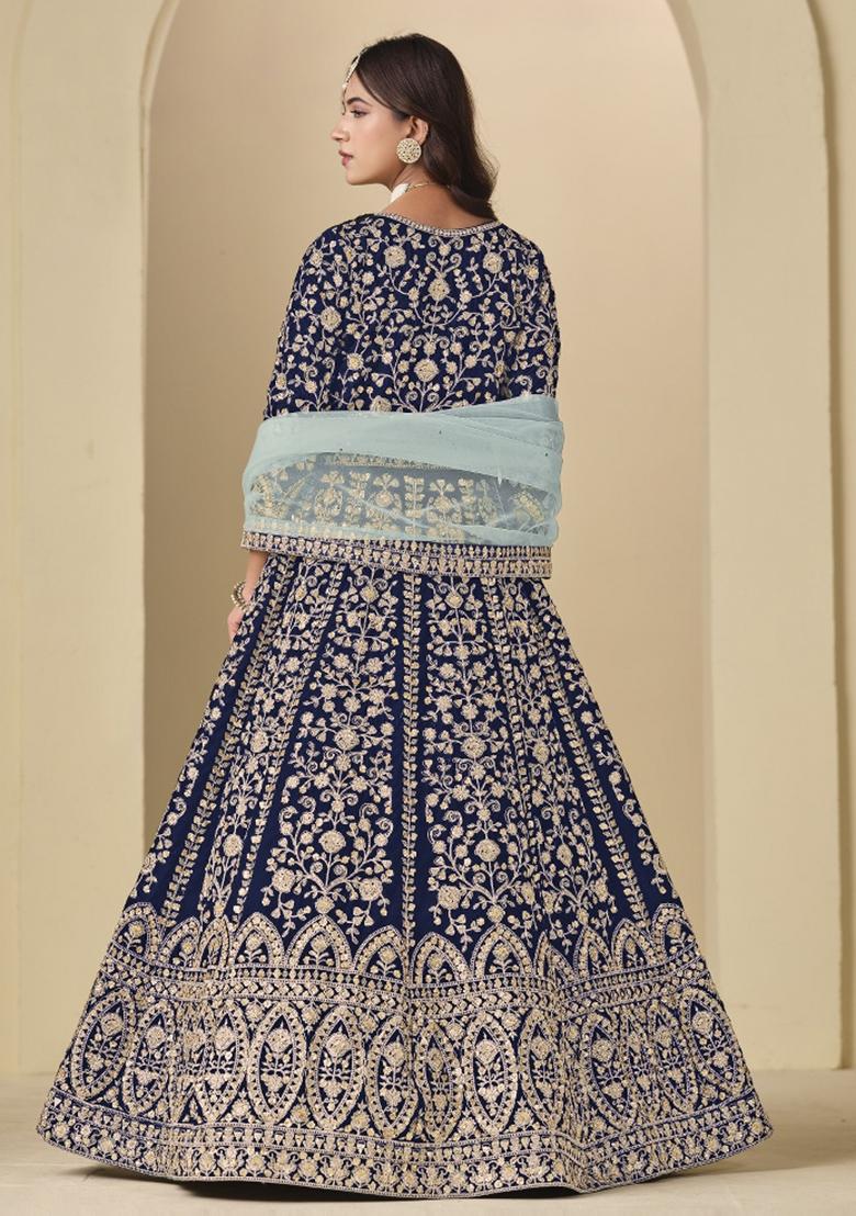 Navy Blue Embroidered Velvet Anarkali Set - Indya