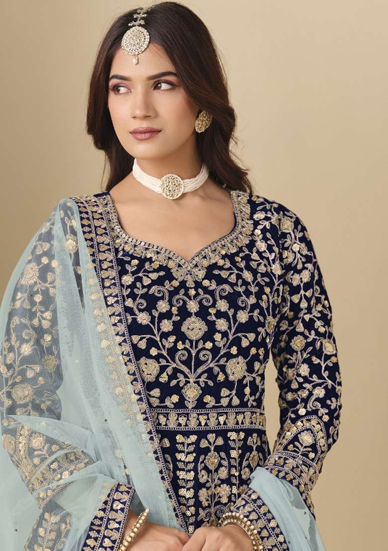 Navy Blue Embroidered Velvet Anarkali Set - Indya