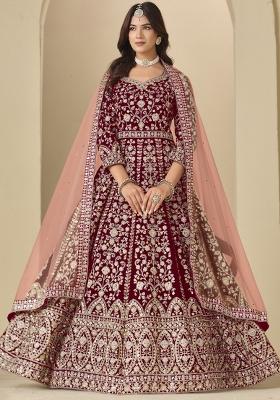 Blood Red Embroidered Velvet Anarkali Set