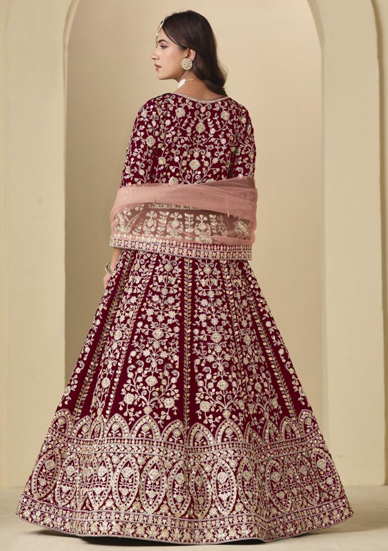 Blood Red Embroidered Velvet Anarkali Set - Indya