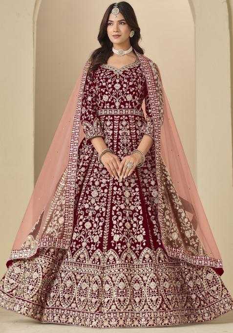 Blood Red Embroidered Velvet Anarkali Set