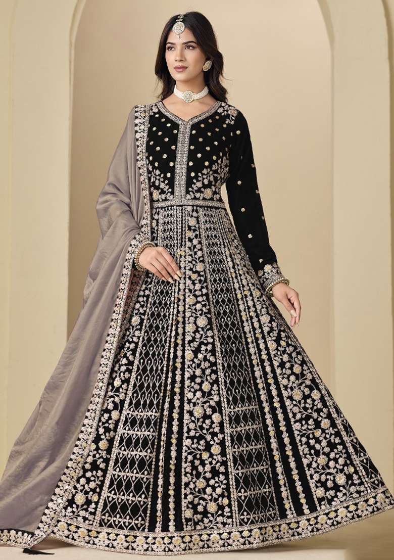 Black Embroidered Velvet Anarkali Set - Indya