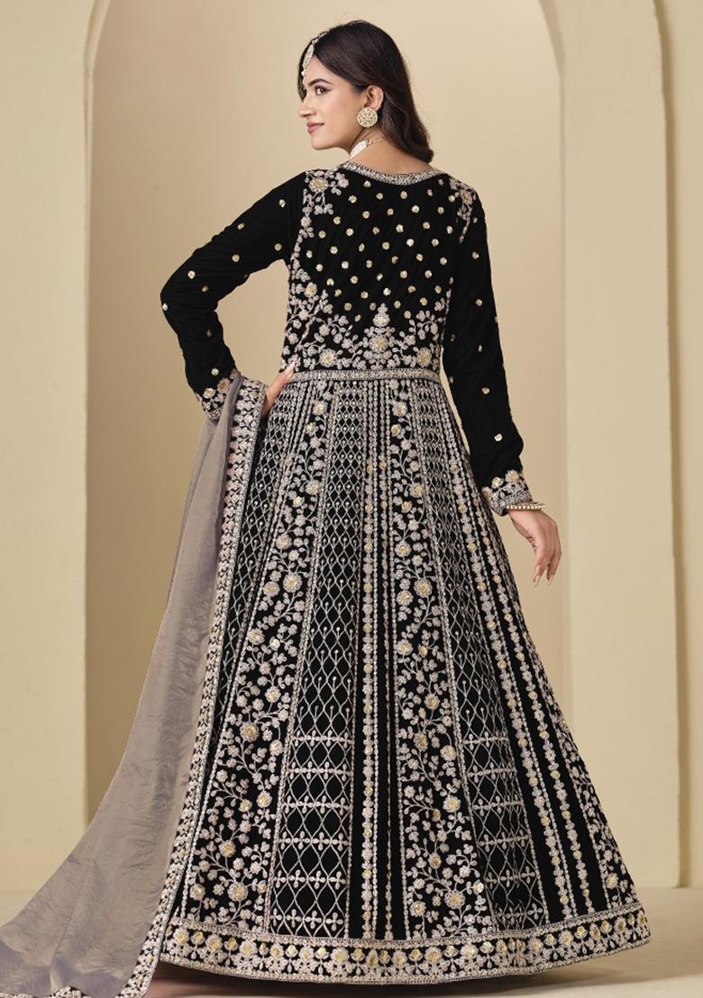 Black Embroidered Velvet Anarkali Set - Indya