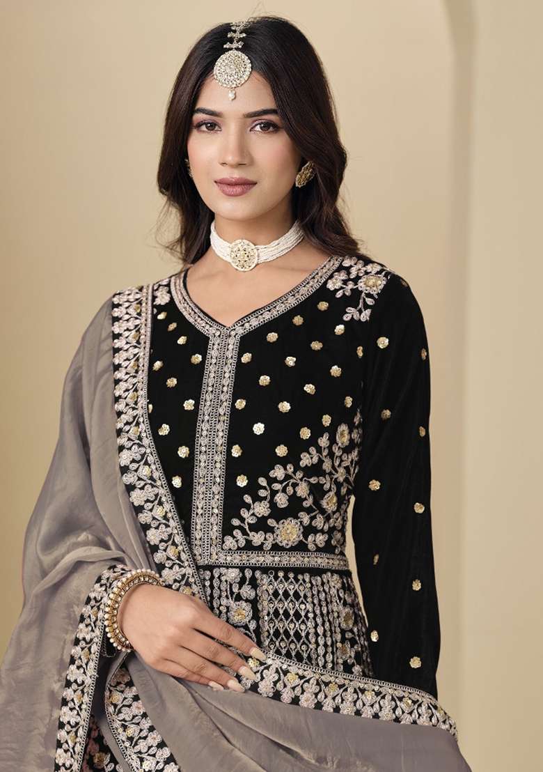 Black Embroidered Velvet Anarkali Set - Indya