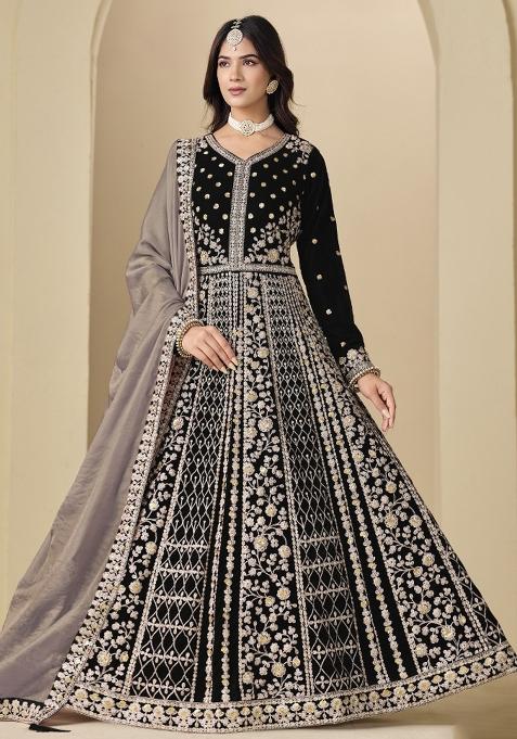Black Embroidered Velvet Anarkali Set