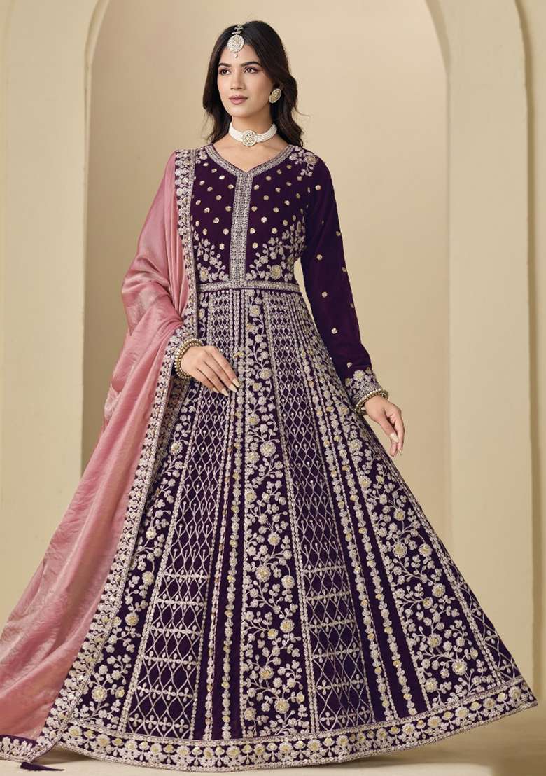 Purple Embroidered Velvet Anarkali Set - Indya