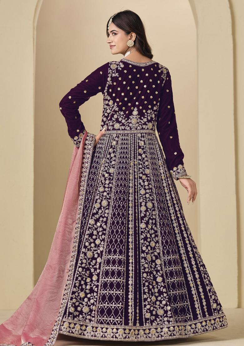 Purple Embroidered Velvet Anarkali Set - Indya