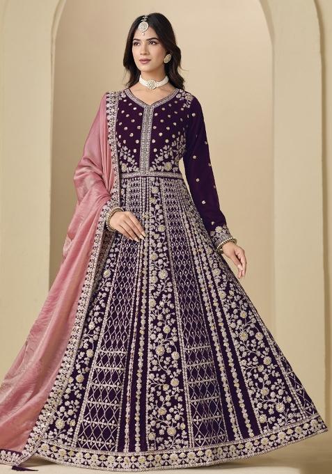 Purple Embroidered Velvet Anarkali Set