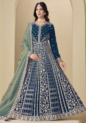 Teal Blue Embroidered Velvet Anarkali Set