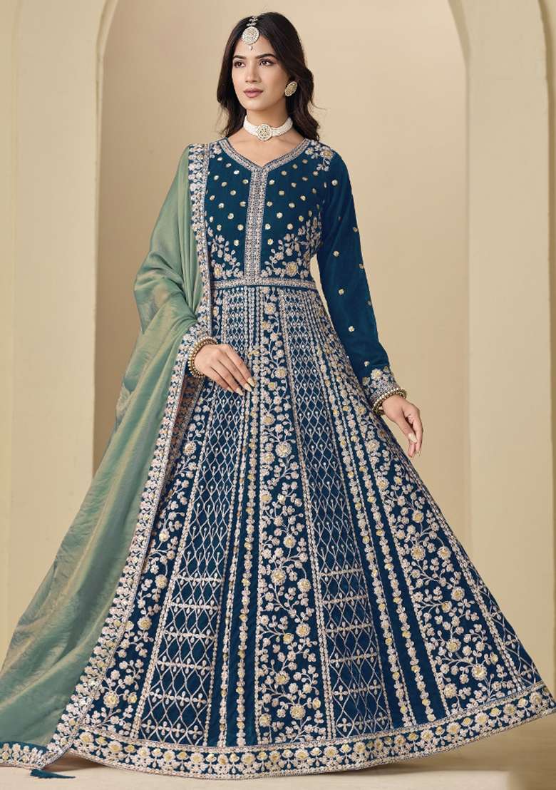 Teal Blue Embroidered Velvet Anarkali Set - Indya