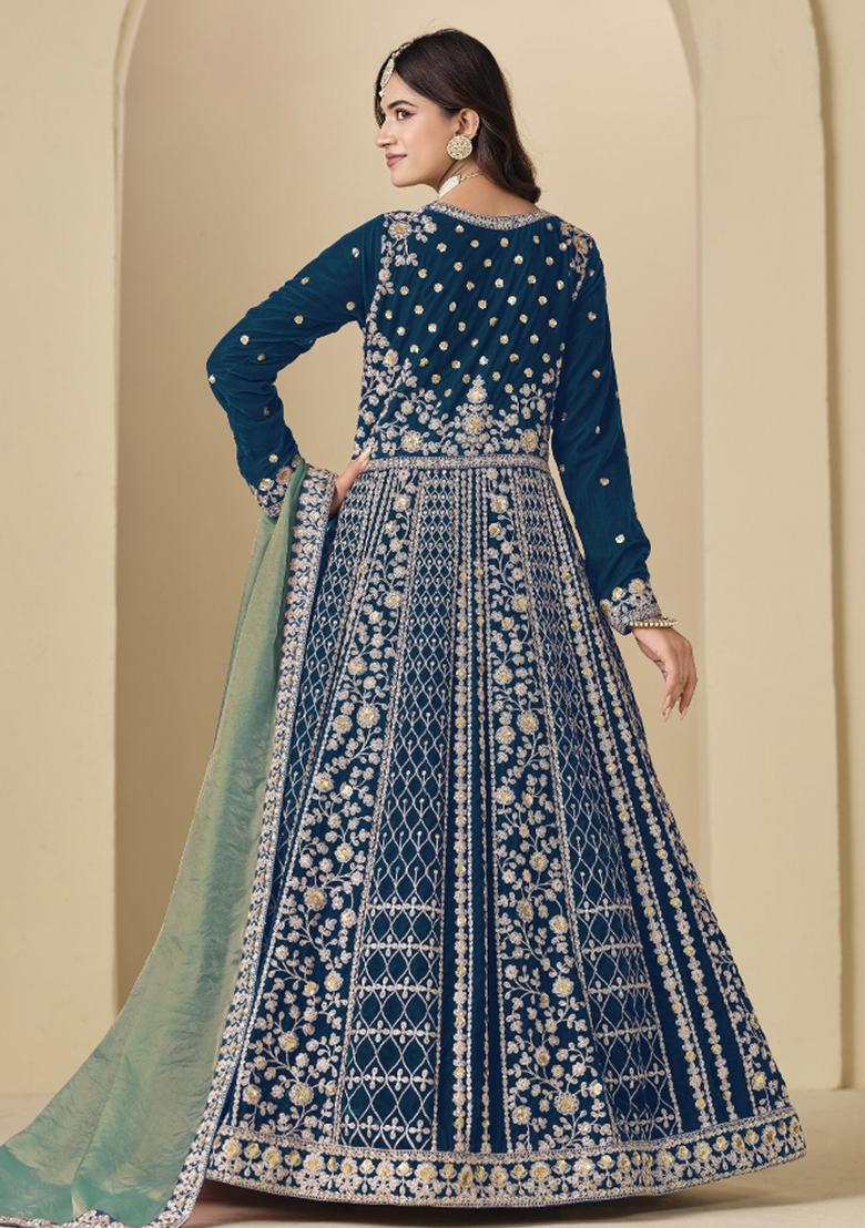 Teal Blue Embroidered Velvet Anarkali Set - Indya