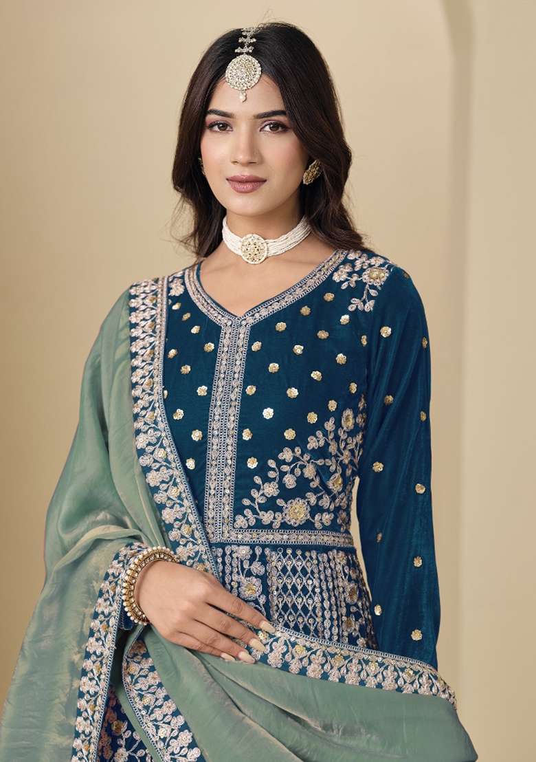 Teal Blue Embroidered Velvet Anarkali Set - Indya