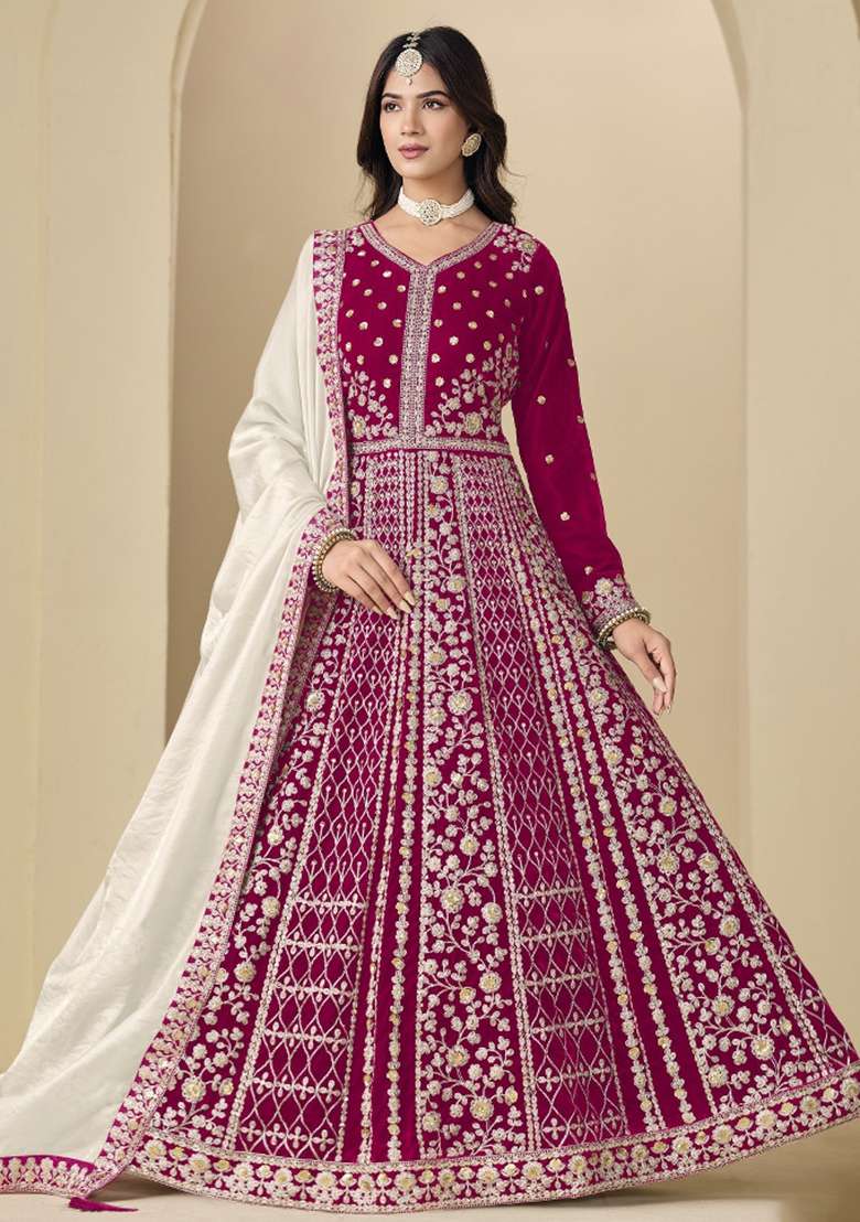 Magenta Embroidered Velvet Anarkali Set - Indya