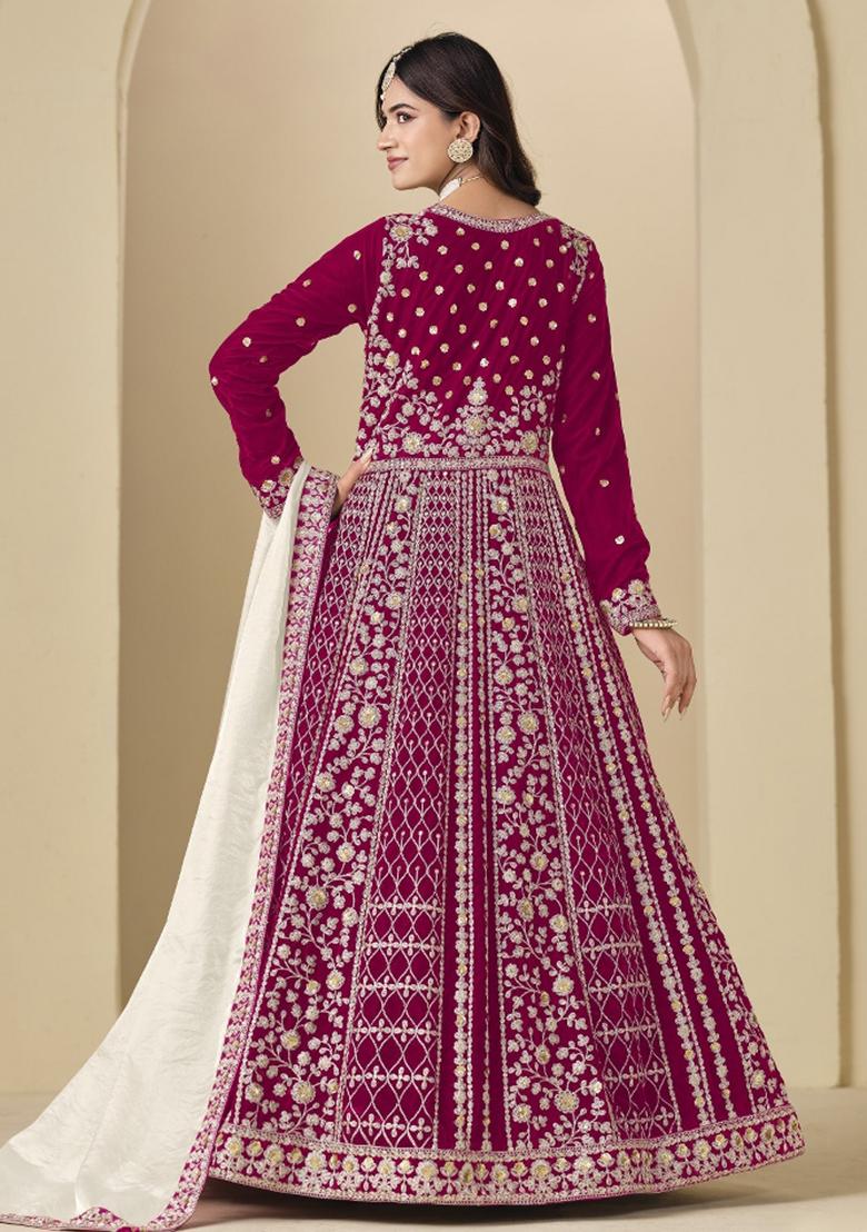 Magenta Embroidered Velvet Anarkali Set - Indya