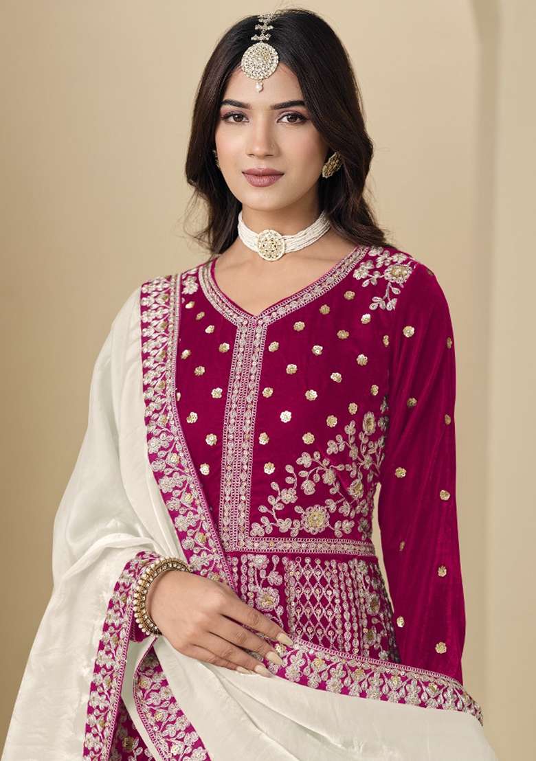 Magenta Embroidered Velvet Anarkali Set - Indya