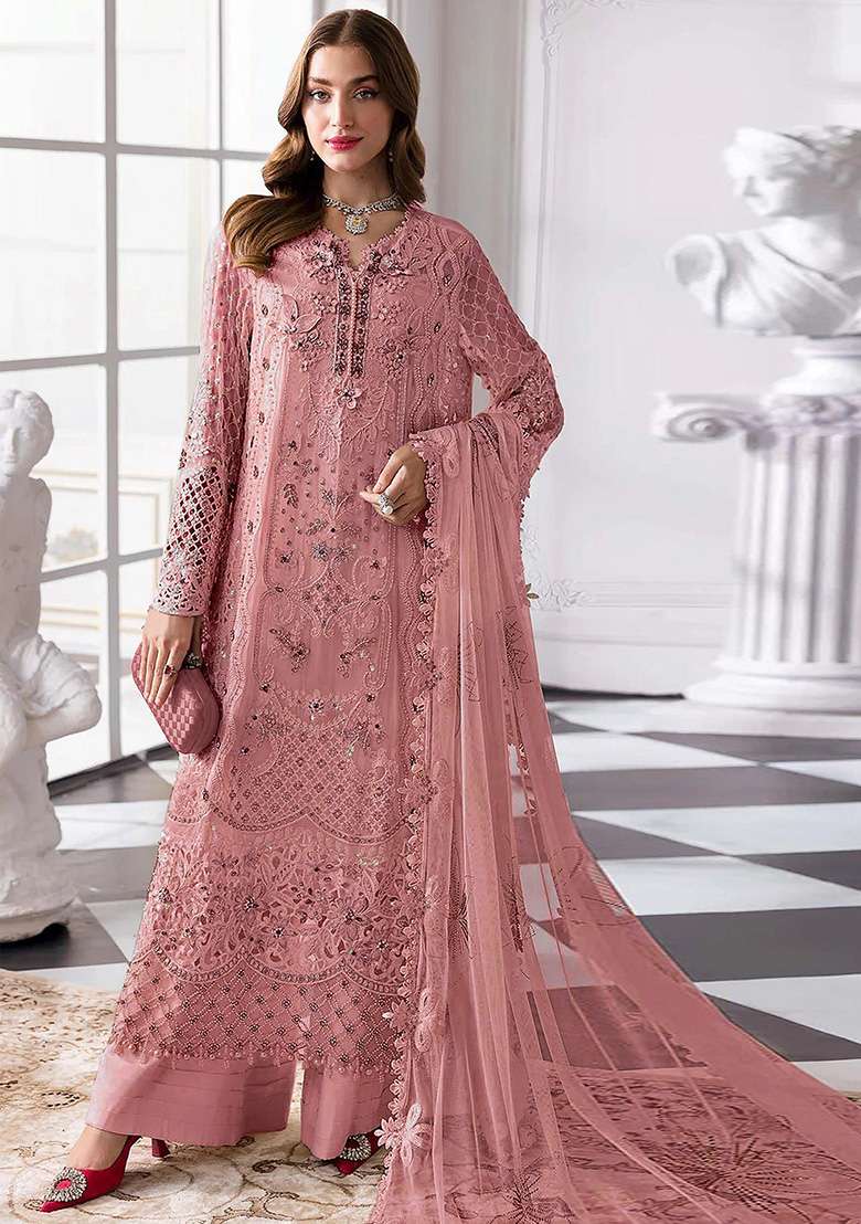 Peach Embroidered Georgette Pakistani Suit Set - Indya