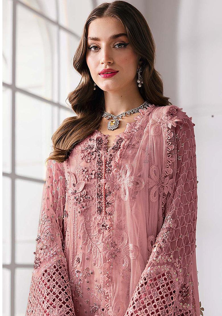 Peach Embroidered Georgette Kurta Set - Indya