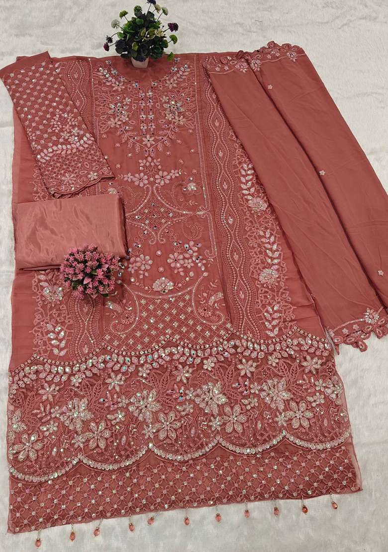 Peach Embroidered Georgette Pakistani Suit Set - Indya