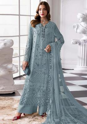 Blue Embroidered Georgette Kurta Set