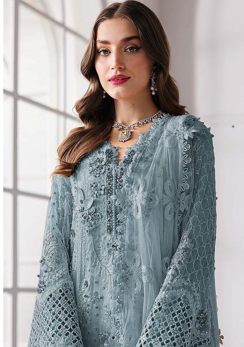 Blue Embroidered Georgette Kurta Set - Indya