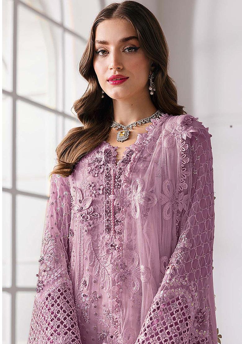 Purple Embroidered Georgette Kurta Set - Indya