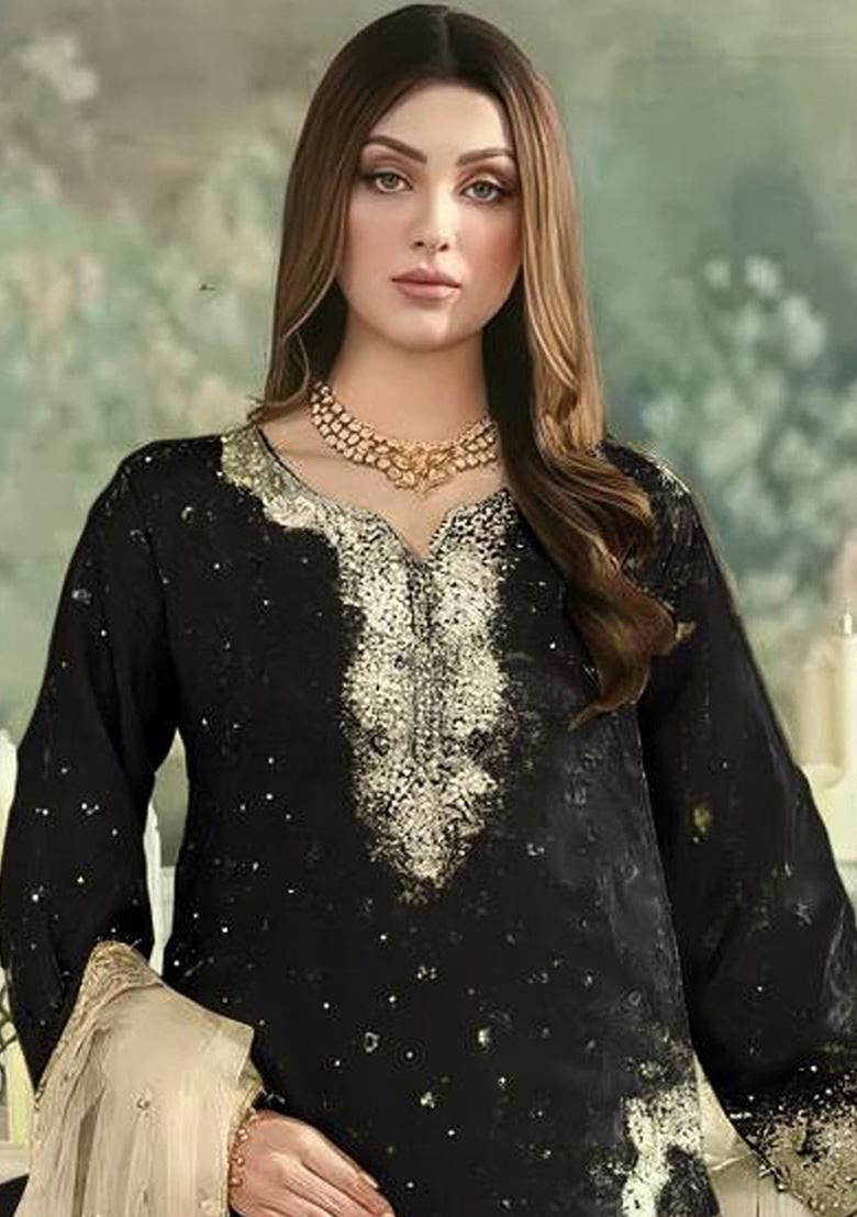 Black Embroidered Georgette Kurta Set - Indya