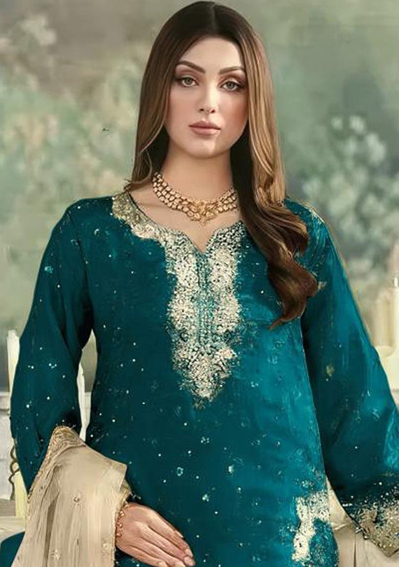 Teal Green Embroidered Georgette Kurta Set - Indya